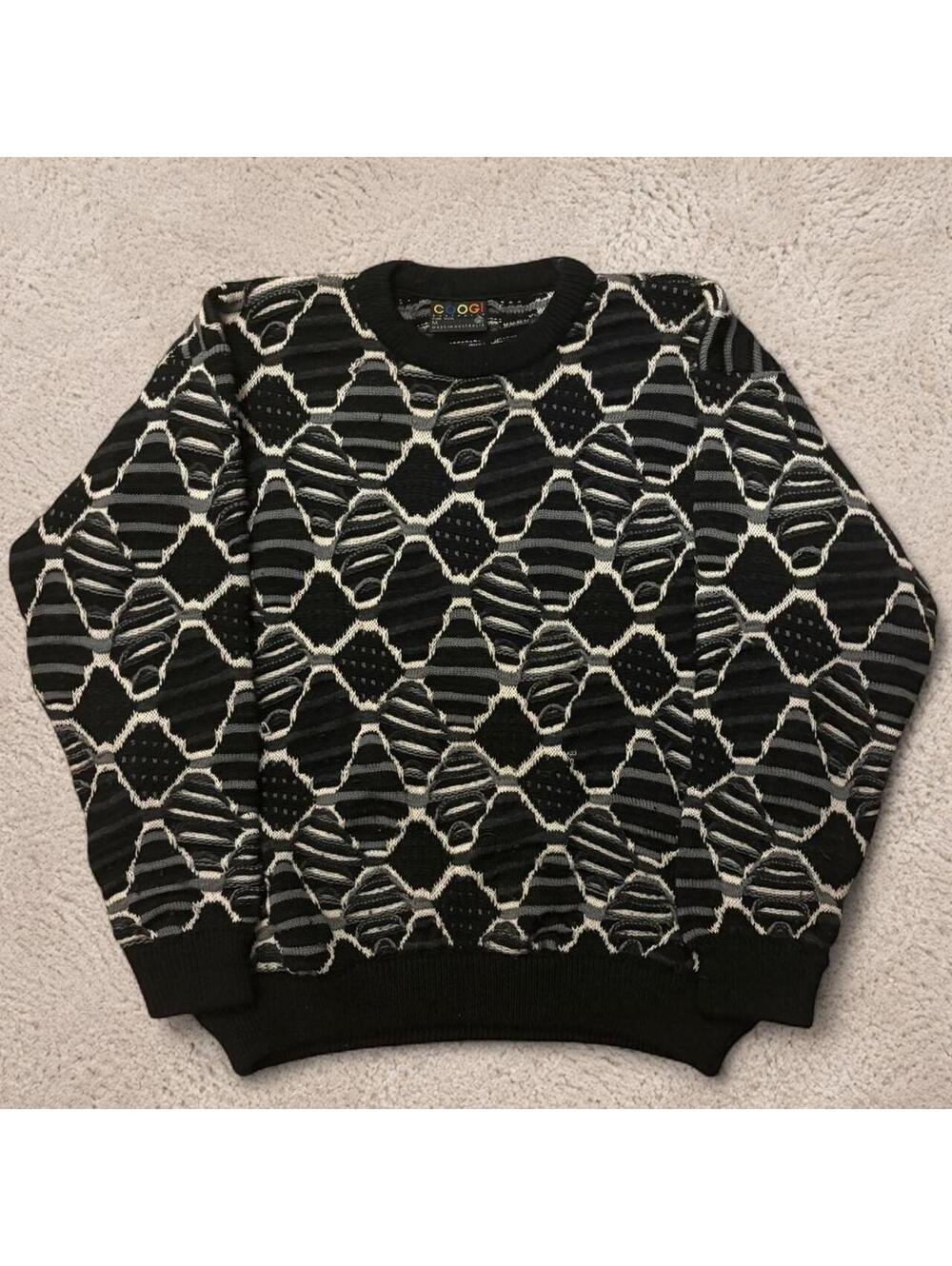 vintage rare Coogi black & white geometric patterned pure wool sweater